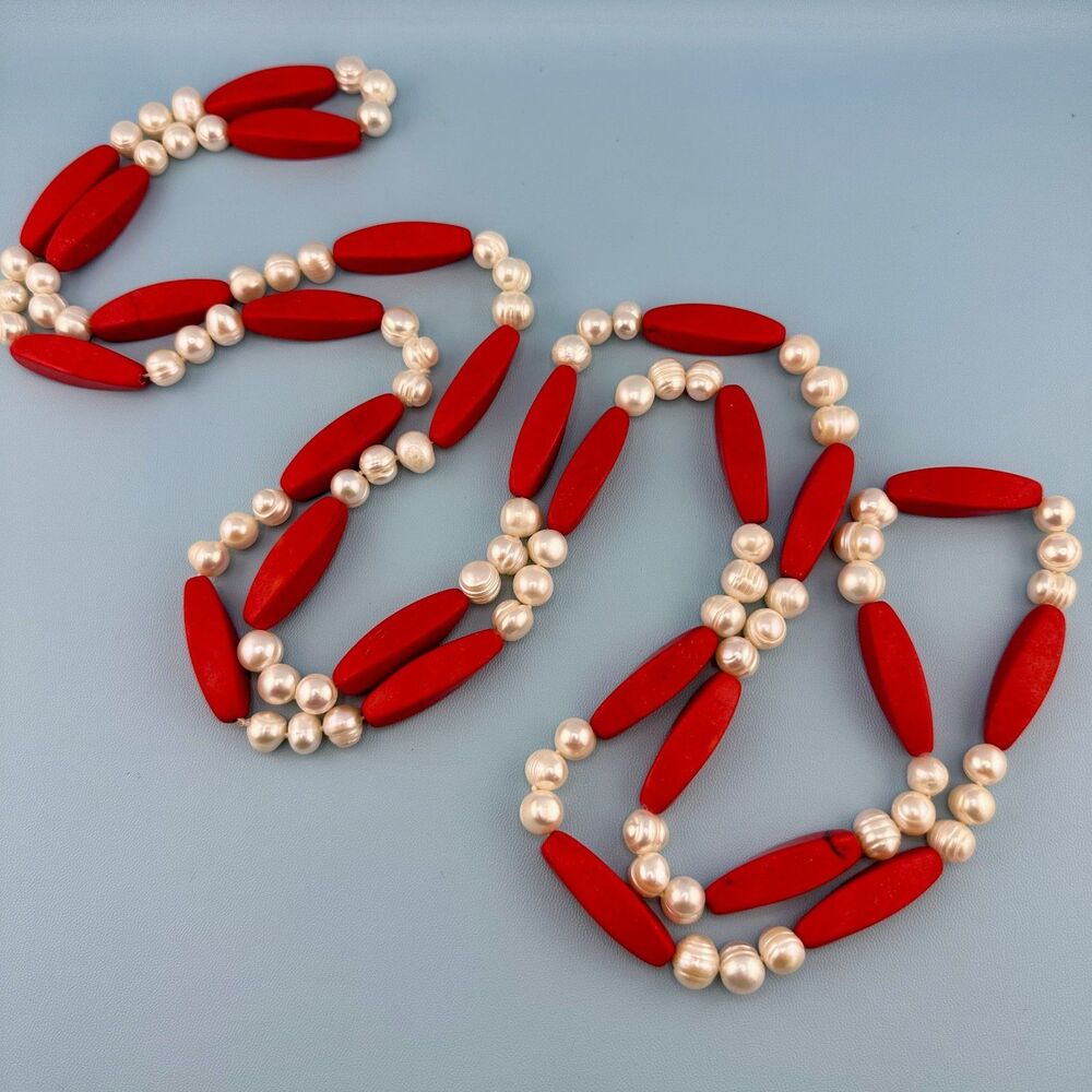 Vintage Red Stone Genuine Pearl Necklace Flapper 64" Knotted Statement Heavy - Picture 13 of 15